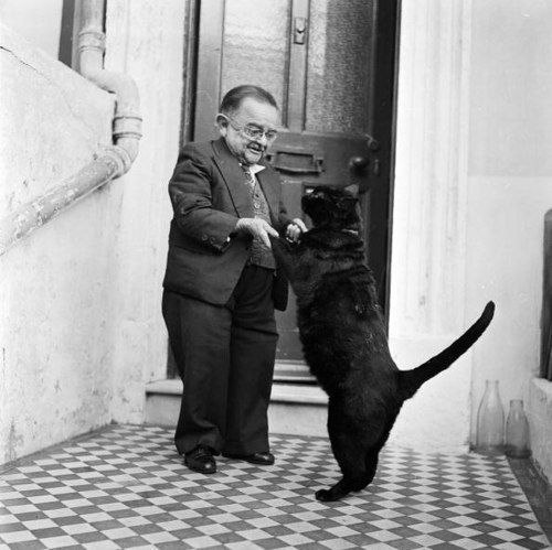 Маленький человек танцует со своим  котом