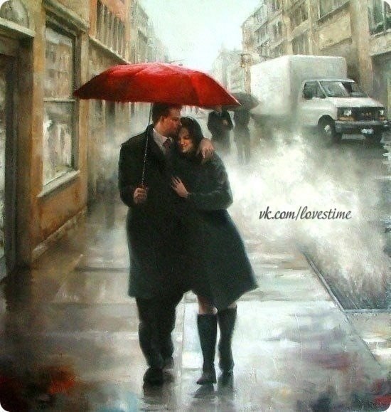 Он взял из её рук зонтик, и она ещё теснее прижалась к нему, и сверху барабанило счастье.