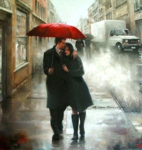 Он взял из её рук зонтик и она ещё теснее прижалась к нему, и сверху барабанило счастье.